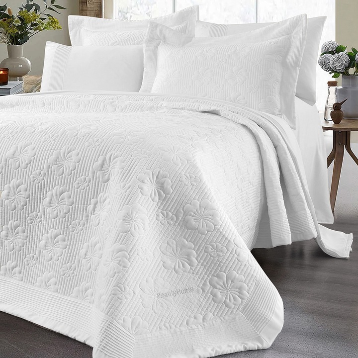 Set 7 piese lenjerie de pat Beauty Home, 230x250cm, microfibra, alb