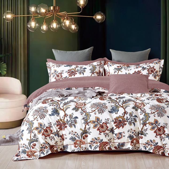 Set pilota 220x240 Beauty Home, 2 fete perna 50x70cm, design floral, culoare ecru