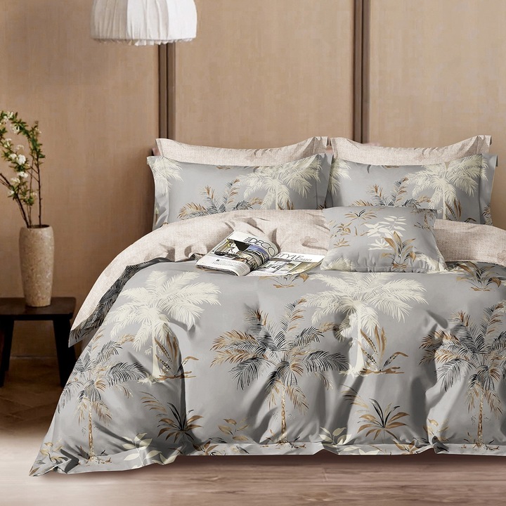 Set pilota/2 fete de perna, 220x240 cm, Beauty Home, bumbac satinat, 2 fete de perne 50x70cm, gri