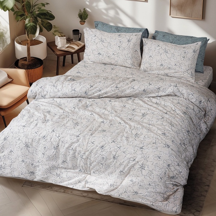 Set lenjerie de pat Beauty Home, bumbac, cearceaf cu elastic 170x200+32, husa pilota 240x260, fata de perna 55x75, bej