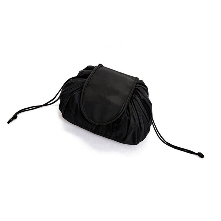 Geanta pentru cosmetice, capacitate mare, design cu snur, negru