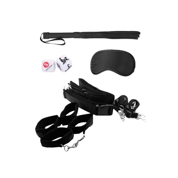 Set sistem de restrictie bondage Ouch! by Shots, ajustabil, 2 catuse pentru incheieturi, 2 catuse pentru glezne, negru