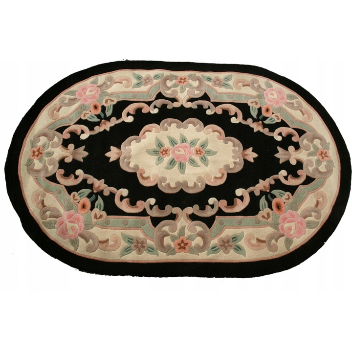 Covor oval Aubusson, 150x220cm, lana, negru, 19mm grosime