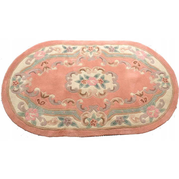 Covor oval Aubusson, piersica, 90x150cm, din lana, realizat manual