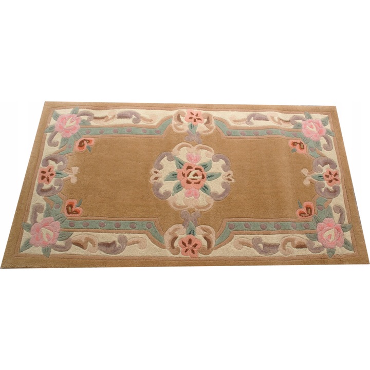 Covor din lana Aubusson, 80x150cm, bej, model tridimensional