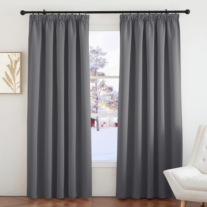 Комплект от 2 завеси PONY DANCE, 228 x 228 см, непрозрачни, с драперия, сив цвят