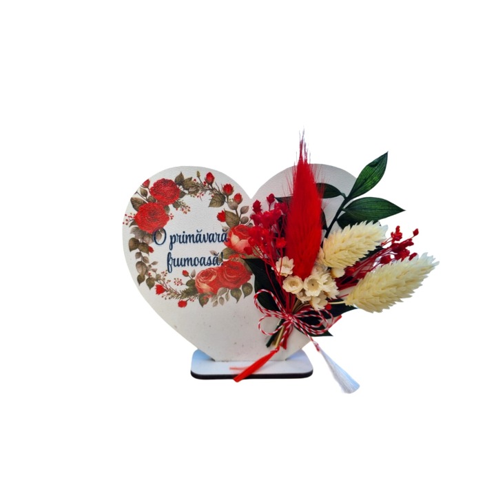 Martisor inima cu suport si flori uscate, 10 cm