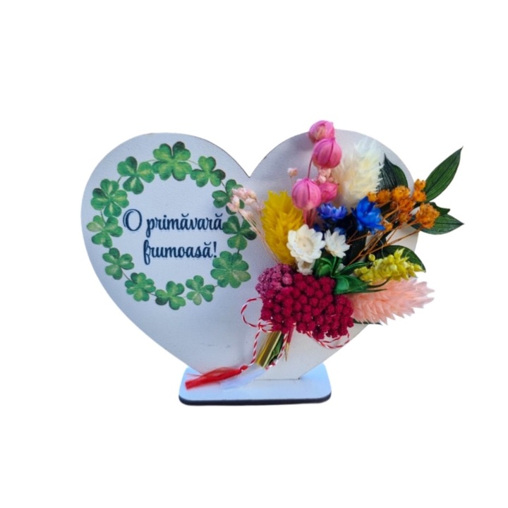 Martisor inima cu suport si flori uscate, multicolor, 10 cm