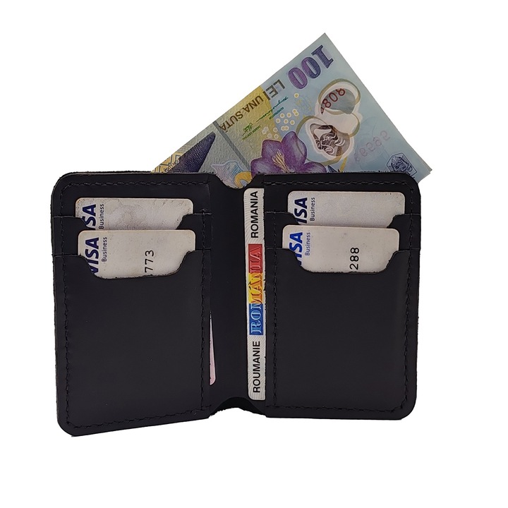 Portofel Barbatesc Slim din Piele Naturala Neagra – Cusut Manual, 8 Locuri Carduri si Compartiment Bani