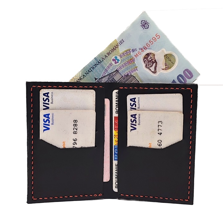 Portofel barbati din piele naturala neagra cu ata rosie, handmade, 6 carduri si buletin