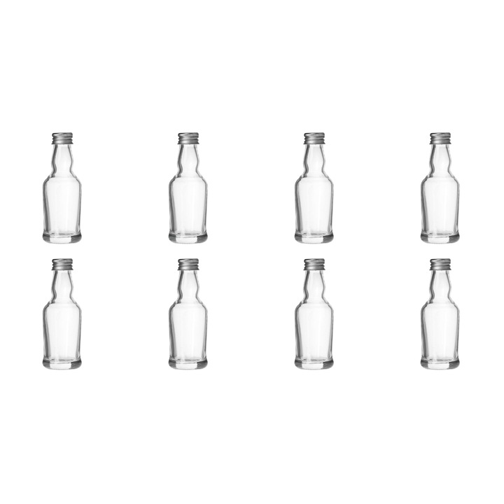 Set 8 sticle din sticla cu capac metalic argintiu, filet, 30 ml