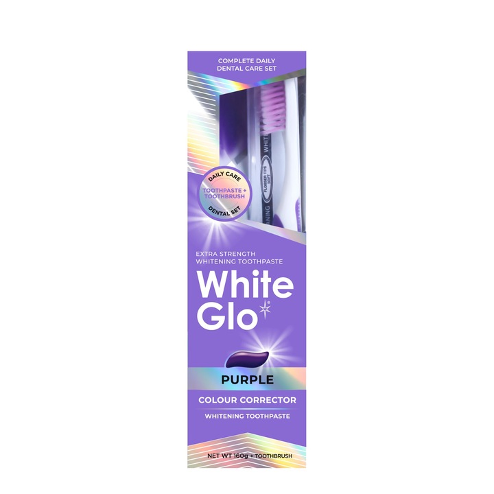 Опаковка White Glo Purple избелваща паста за зъби и четка за зъби, правилен лилав цвят, 160g
