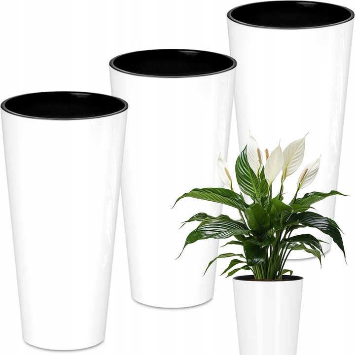 Set de Ghiveci 3x rotund inalt Tubus slim shine DTUS150S, 15x29cm, Alb