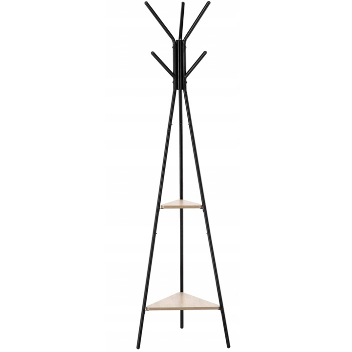 Cuier hol, metalic, 2 rafturi MDF, design minimalist, 180 cm, negru