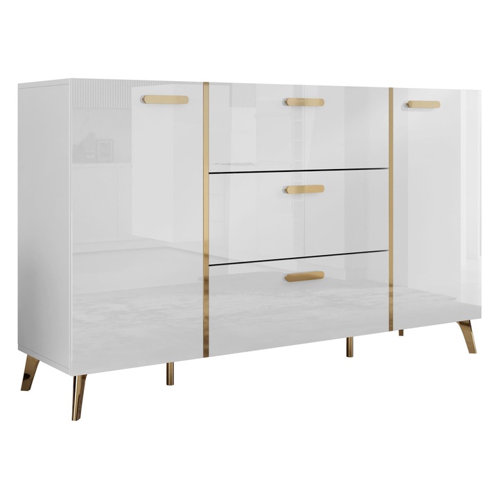 Comoda Rostiw 150 2D3SZ, MIRJAN24, Alb / Alb Lucios + Auriu, 38x154x92 cm
