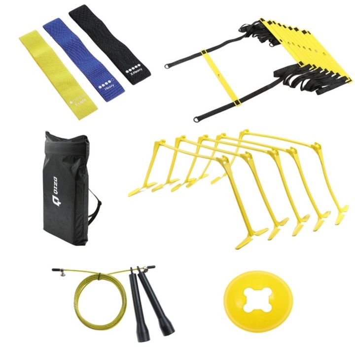 Piese antrenament fitness, Qizo HKT-ASS2201, polipropilena + poliester + cauciuc, galben + albastru + negru, set 18 bucati
