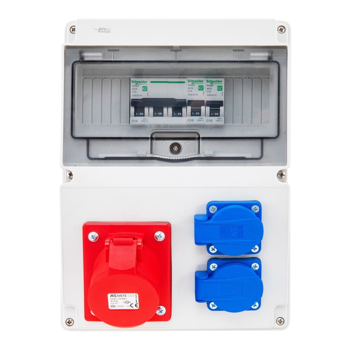 Tablou electric echipat cu o priza trifazica 32A 3P+N+E ( legaturi cu fir MYF / H07V-K 4mm² ) si 2 prize monofazice schuko 16A ( legaturi cu fir MYF / H07V-K 2.5mm² ) precablat, cu sigurante SCHNEIDER, organizare de santier, distributie 290x210mm IP44
