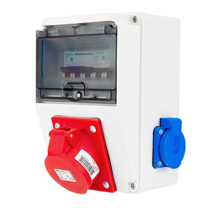 Tablou electric 7 module 218x149mm echipat cu o priza trifazica 16A 3P+N+E si 2 prize monofazice schuko 16A precablat, cu sigurante SCHNEIDER, organizare de santier, distributie IP44