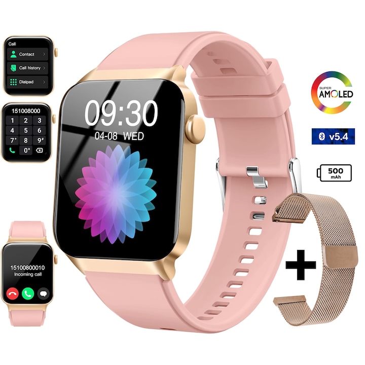 Дамски смарт часовник TechONE Zen Wrist, 1,85 инча SUPER AMOLED, интелигентен, ALEXA, Bluetooth v 5.4 Call, HD, клавиатура за набиране, мулти спорт, многоточков пулс, SpO2, кръвно налягане, кислород, 2 каишки, IP68, метален корпус, злато