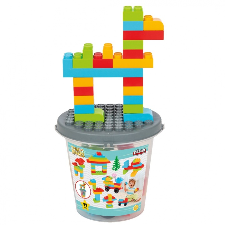 Set 49 cuburi de construit Pilsan Midi Blocks in galetusa de depozitare cu capac tip panou