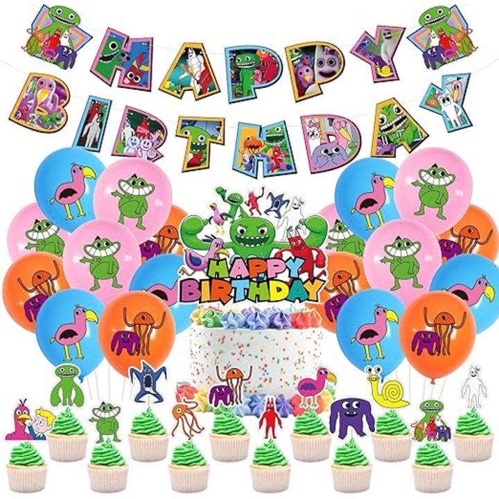 Set decoratiuni pentru petrecere Garten of BanBan, include topper tort, topper briose, banner, baloane