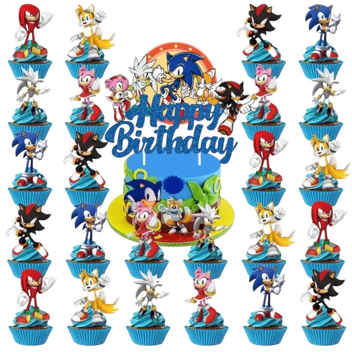 Set 25 decoratiuni tort din carton, model Sonic, multicolor