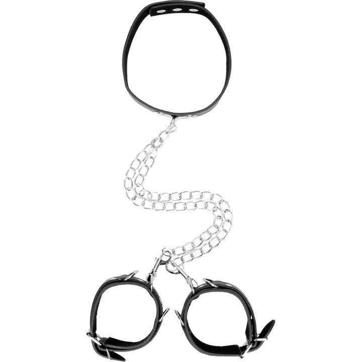 Set BDSM din piele cu zgarda si mansete, Ouch!, ajustabil, negru