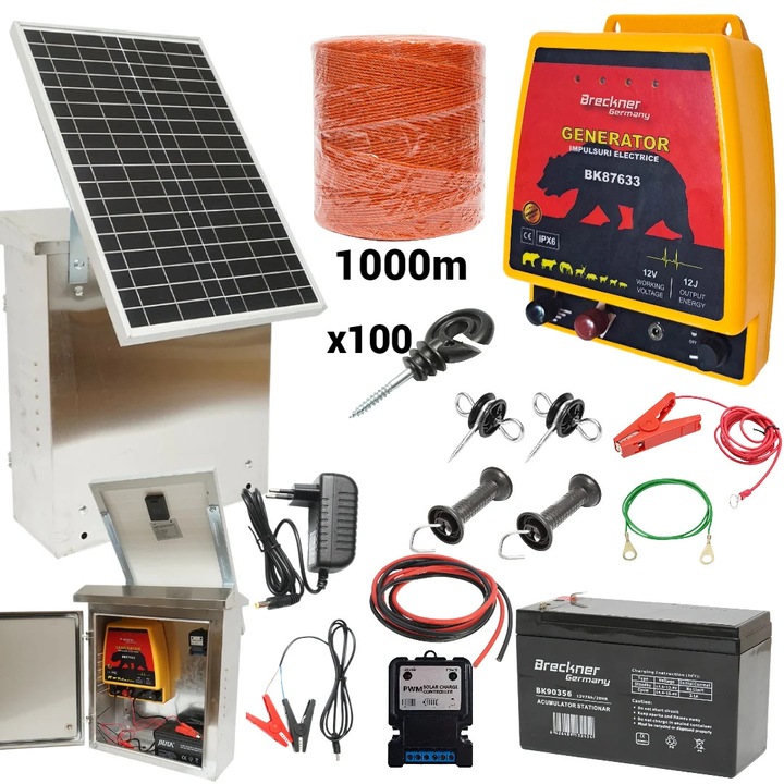 Kit pachet gard electric 12 Joule 12 220V 1000m cu kit fotovoltaic panou solar 30W baterie 12V 12Ah cutie din inox (BK87633-1000(-30W-12Ah))