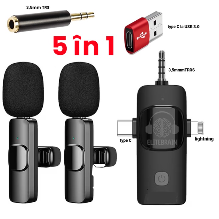 2 db professzionális csíptetős mikrofon 5 az 1-ben, Elite Brain®, teljes kompatibilitás, USB C, USB 3.0, Lightning, 3,5 mm-es TRRS csatlakozó, 3,5 mm-es TRS környezeti zajszűrés, Android, iPad, laptop, DSLR fényképezőgép