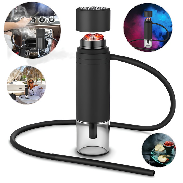 Narghilea Portabila pentru Masina, Set Mini Shisha pentru Calatorii si Aer Liber, Fabricata din Metal si Silicon de Calitate Superioara, Design Elegant si Compact, Negru