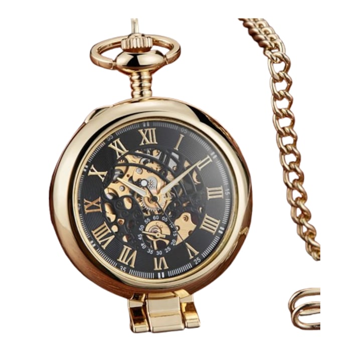 Ceas de buzunar, Gorben, Clasic, Vintage, Mecanic, Skeleton, Lant, Cifre romane, Casual