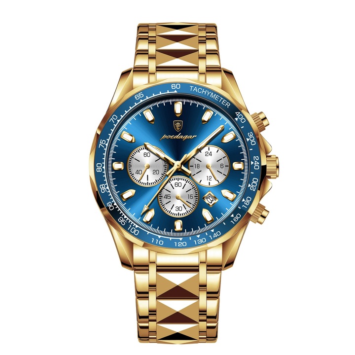 Férfi karóra Poedagar kronográf divatos kvarc dátum dátum acél arany kék