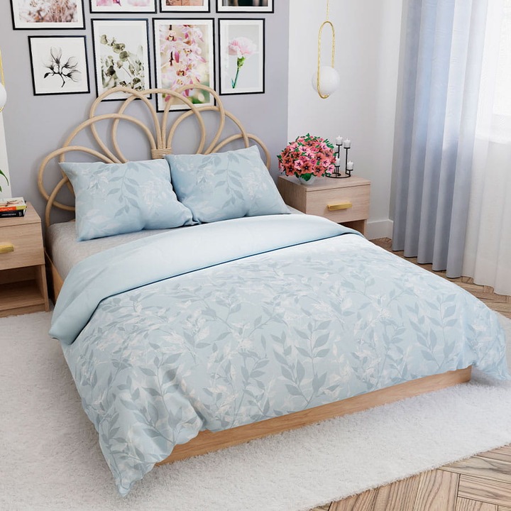 Ágynemű, Lilu, 160x200cm, szatén pamut, botanikai motívum, kék