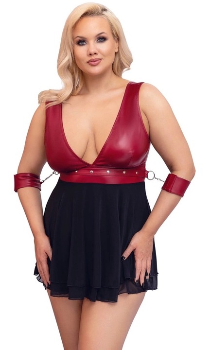 Cottelli BONDAGE rövid babydoll, matt piros, mandzsettával és lánccal, 3XL