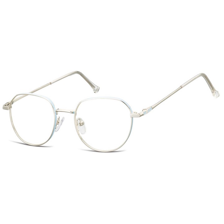 Ochelari panto unisex Sunoptic, metalici, argintii cu accente bleumarin, 13.3x4.5cm, set cu etui si servetel