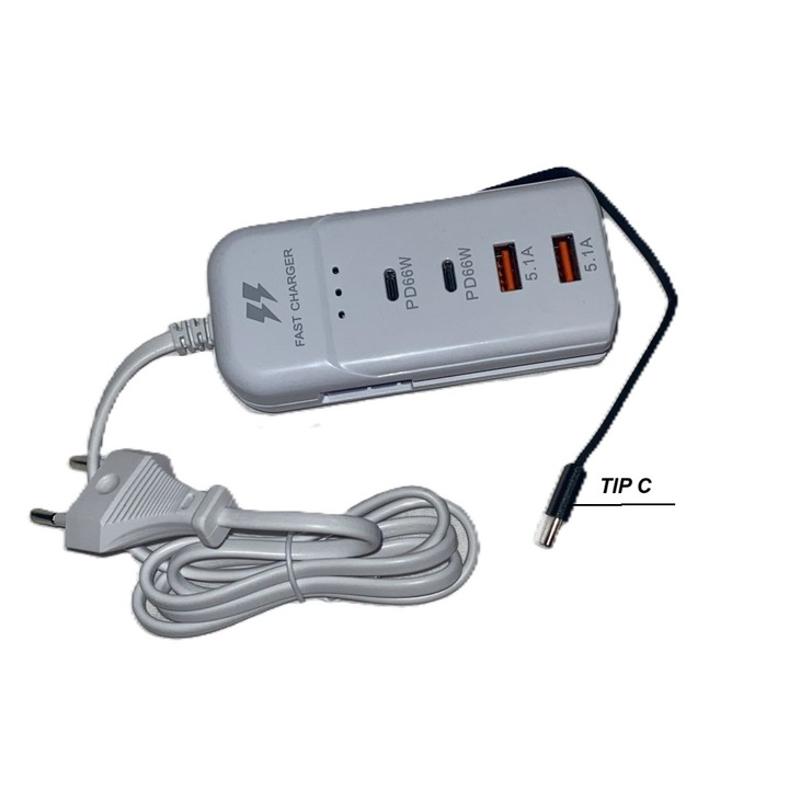 Incarcator RACK, Rapid cu 2 porturi Tip C, 2 porturi USB A si cablu TIP C