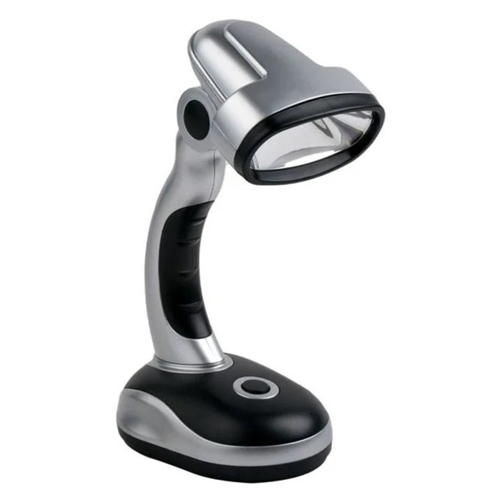 Led настолна лампа, 3W мощност, с батерии, VENITIVO® размери 11 x 8 x 20 см, черно-сребристо – Преносимо осветление за офис, четене и пътуване