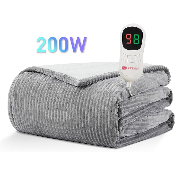 Електрическо одеяло Horigen ComfyHeat, 200 W, 200 x 180 см, бързо нагряване, дистанционно управление, таймер за автоматично изключване, 5 настройки на топлината, 220 GSM материал, японска отоплителна система, сив