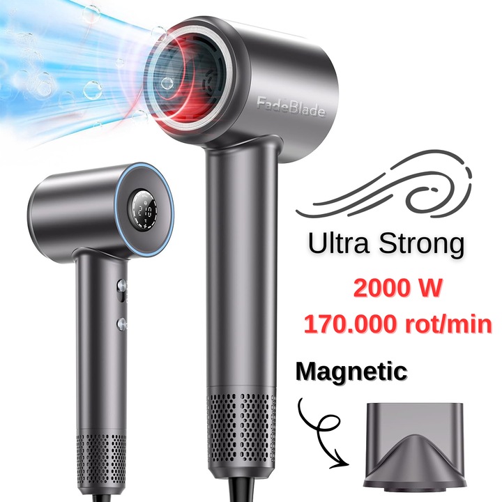 Uscator de Par Profesional FadeBlade® ProVortex Ultra, 2000W, 170.000 rot/min, Functie Alternare Rece/Cald, Ioni Negativi Feon, Motor Brushless, 3 Trepte Temperatura, 2 Viteze, Concentrator Atasare Magnetica, Gri