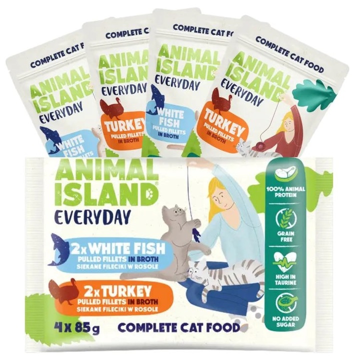 Hrana umeda pentru pisici, Animal Island, Indyk/Biala ryba, fara gluten, 4x85g