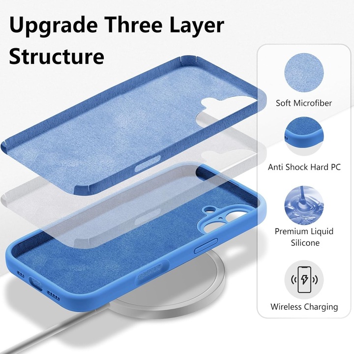 Original - Cover de Aparare Southern Sky, pentru iPhone 16, Liquid Silicone, cu Microfibra pe Interior, Protectie Antisoc, Compatibil Incarcare Wireless, Albastru