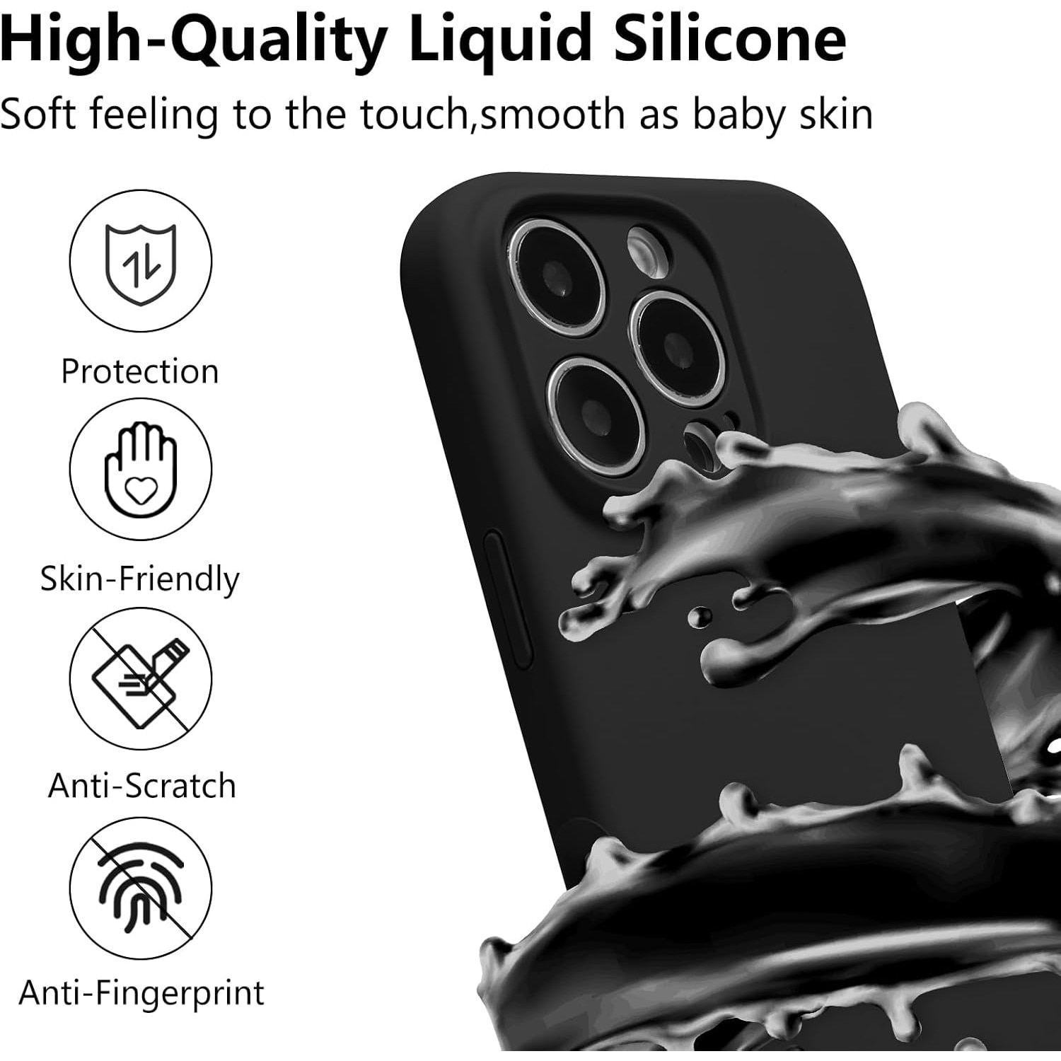 Husa de Protectie, Flippy, pentru iPhone 16 Pro, Liquid Silicone, cu Microfibra pe Interior, Protectie Antisoc, Compatibil Incarcare Wireless, Negru