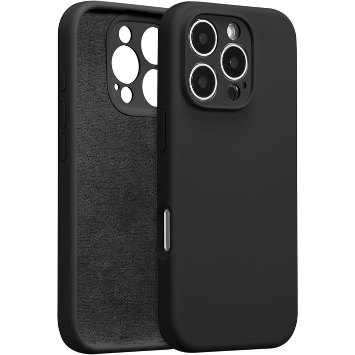 Husa de Protectie, Flippy, pentru iPhone 16 Pro Max, Liquid Silicone, cu Microfibra pe Interior, Protectie Antisoc, Compatibil Incarcare Wireless, Negru