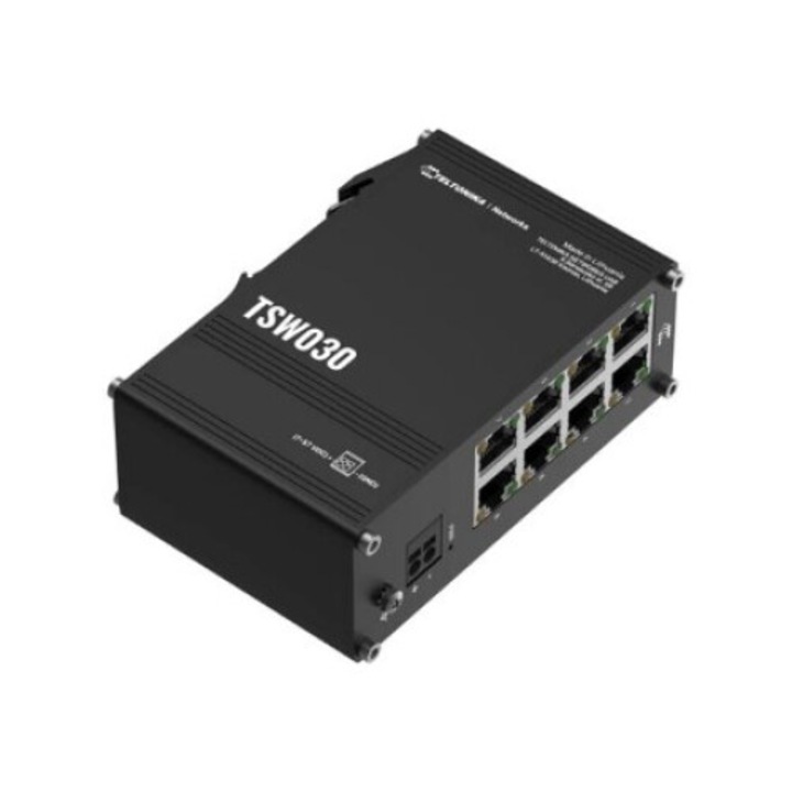 Switch Teltonika TSW030, 8x RJ45 100Mb/s, carcasă IP30, instalare compactă, ideal pentru rețele industriale și aplicații profesionale cu conectivitate stabilă și fiabilă