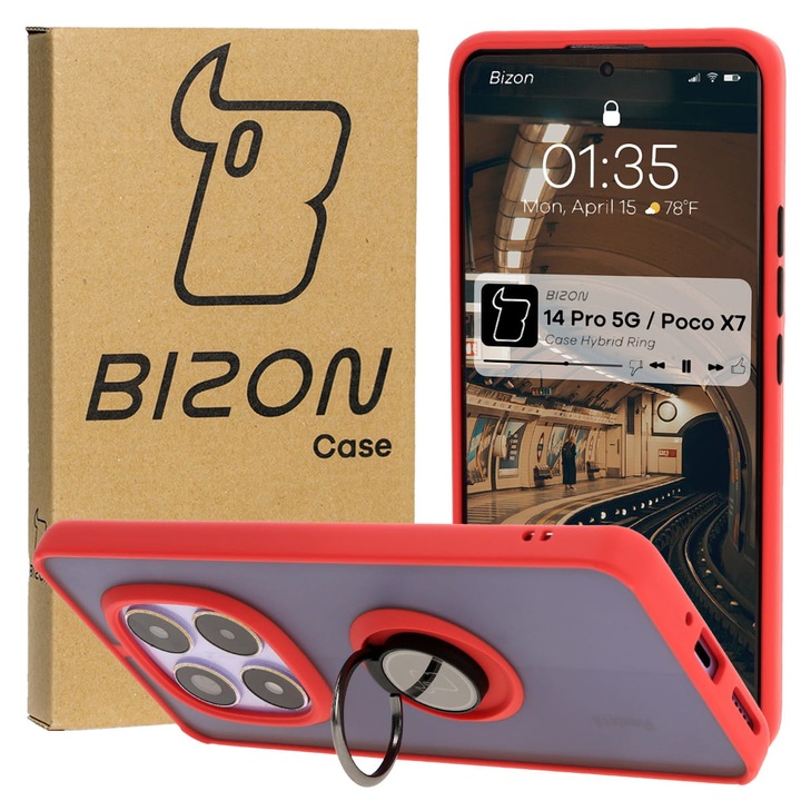 Калъф, Bizon Case Hybrid Ring, за Xiaomi Redmi Note 14 Pro 5G / POCO X7, Оцветена с червена рамка