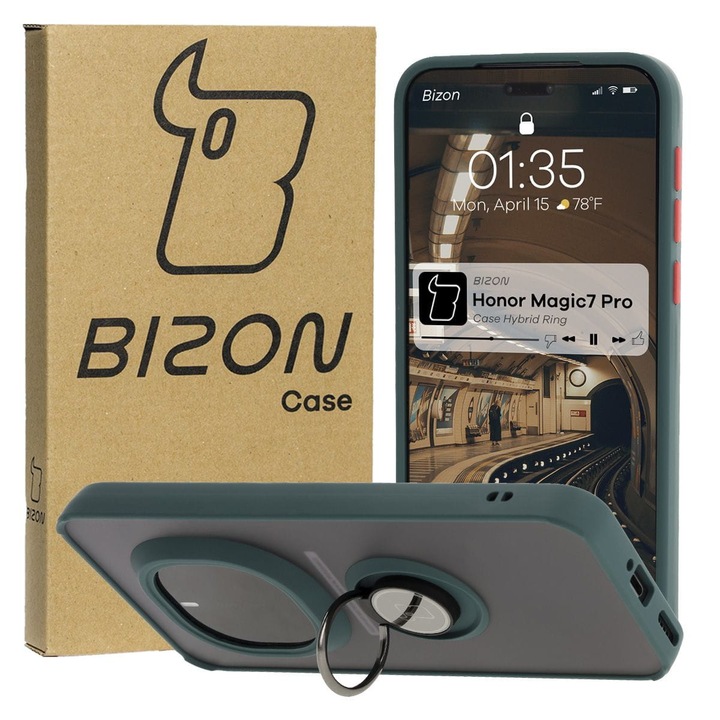 Калъф, Bizon Case Hybrid Ring за Honor Magic7 Pro, Оцветена с тъмнозелена рамка
