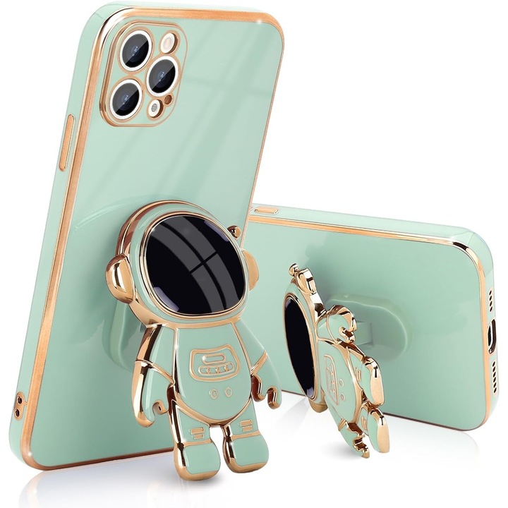 Husa de Protectie TPU 2in1, Flippy, pentru Apple iPhone 14 Pro, Astronaut cu Suport, Antisoc, Rezistenta la Impact, Protectie Camera, Verde