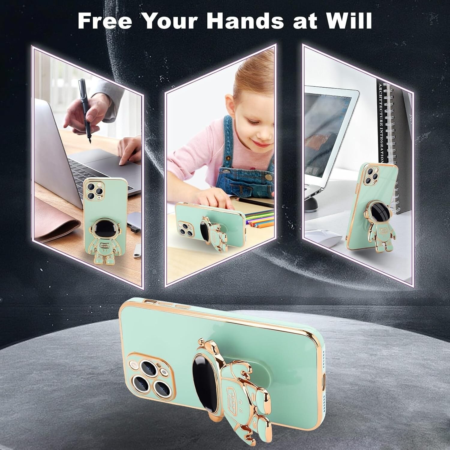 Husa de Protectie TPU 2in1, Flippy, pentru Apple iPhone 14 Pro, Astronaut cu Suport, Antisoc, Rezistenta la Impact, Protectie Camera, Verde