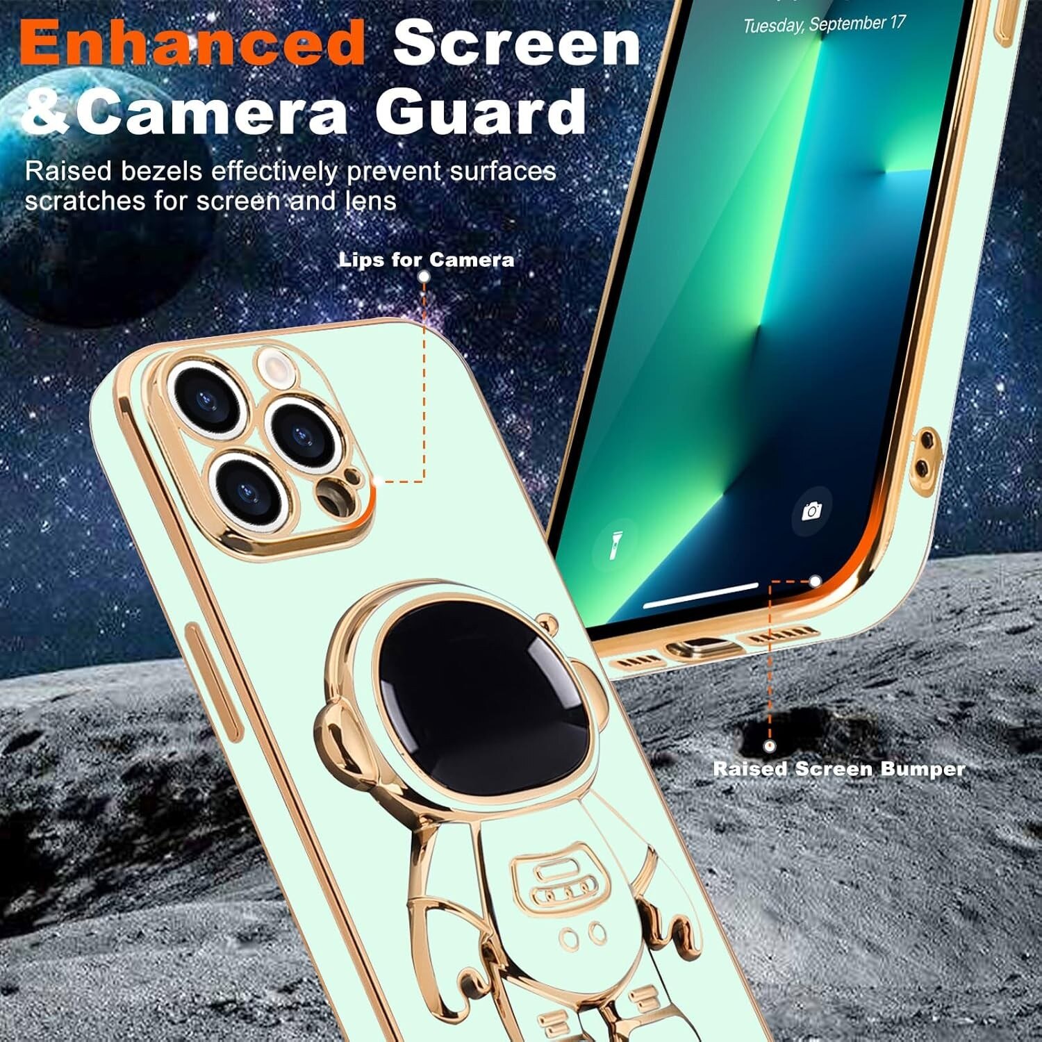 Husa de Protectie TPU 2in1, Flippy, pentru Apple iPhone 14 Pro, Astronaut cu Suport, Antisoc, Rezistenta la Impact, Protectie Camera, Verde