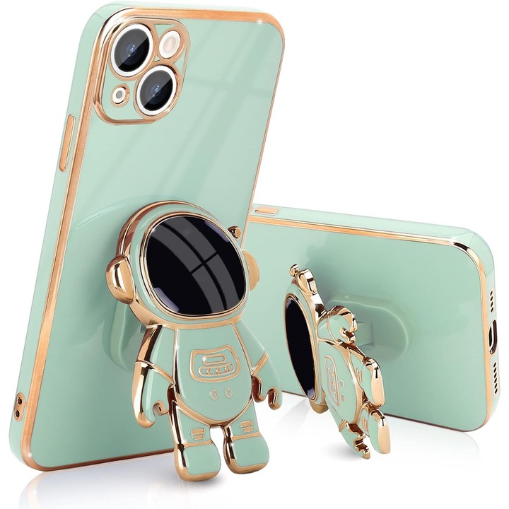 Husa de Protectie TPU 2in1, toolsy, pentru Apple iPhone 15 Plus, Astronaut cu Suport, Antisoc, Rezistenta la Impact, Protectie Camera, Verde